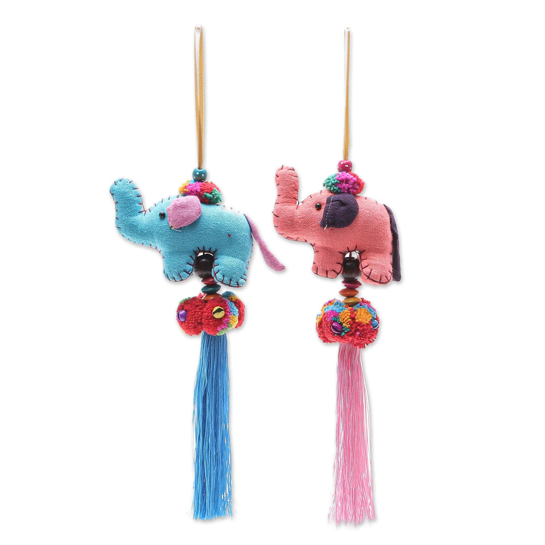 Handmade Cotton-Blend Elephant Ornaments (Pair) - Festive Tusk in Pink-Blue