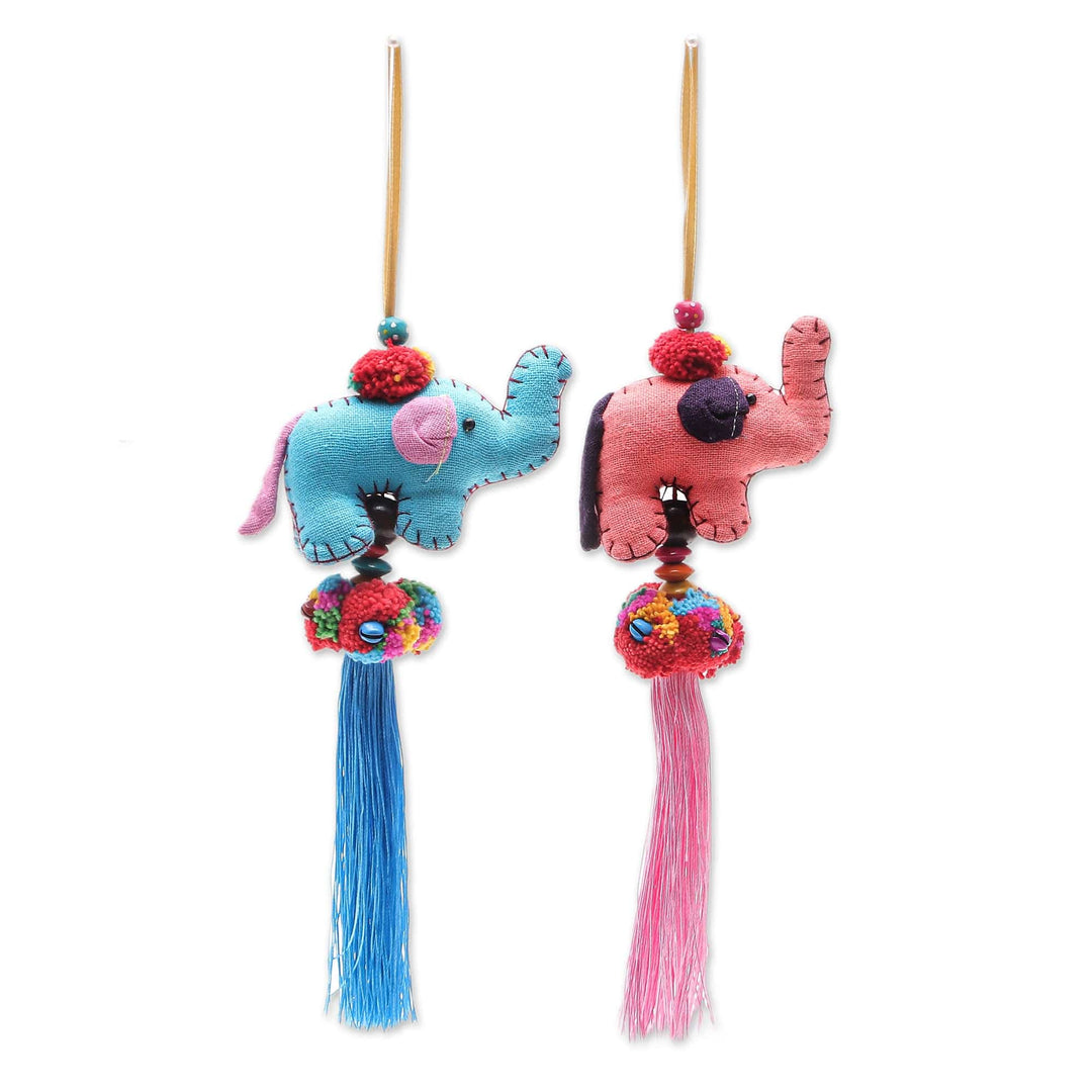 Handmade Cotton-Blend Elephant Ornaments (Pair) - Festive Tusk in Pink-Blue