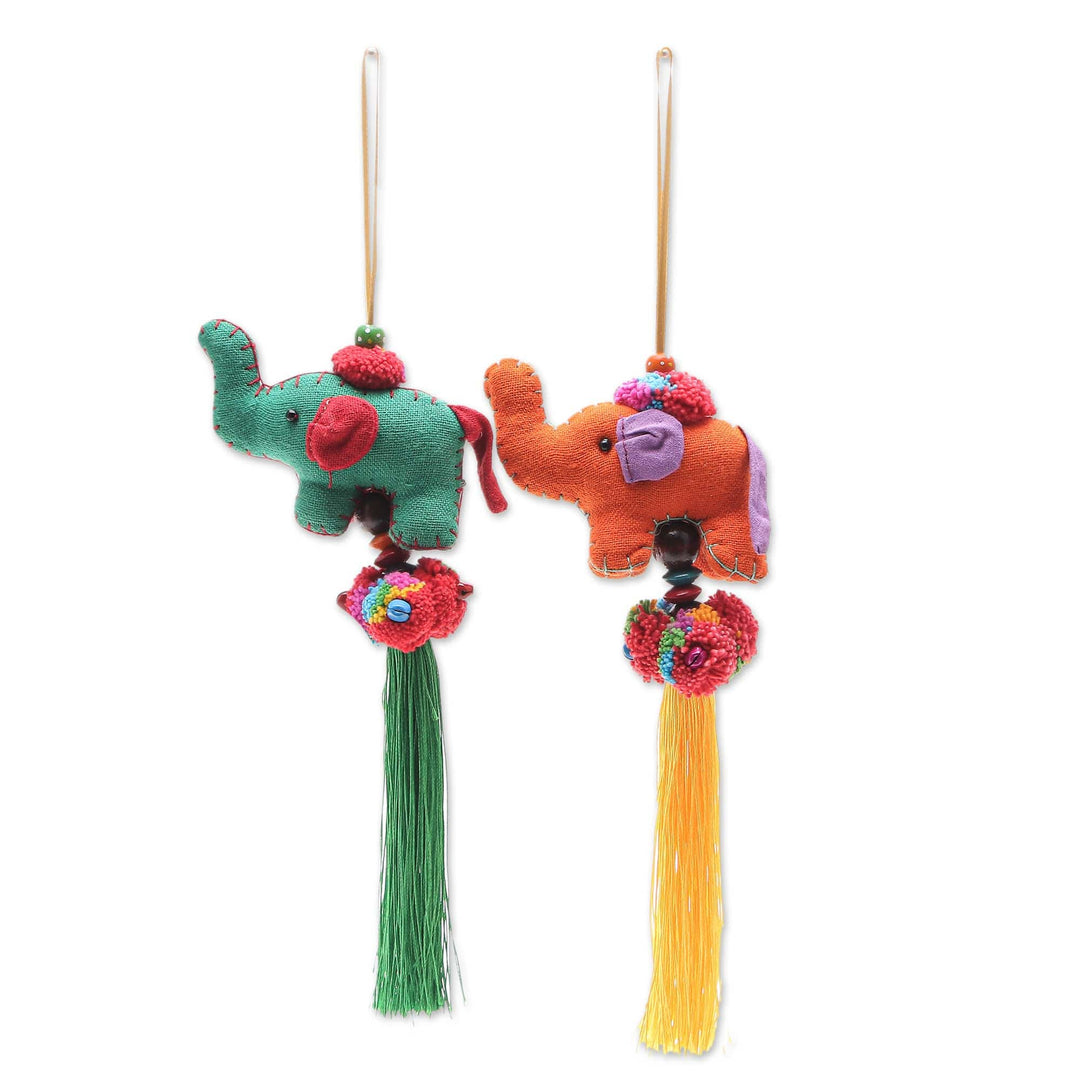 Thai Cotton-Blend Elephant Ornaments (Pair) - Festive Tusk in Green-Orange