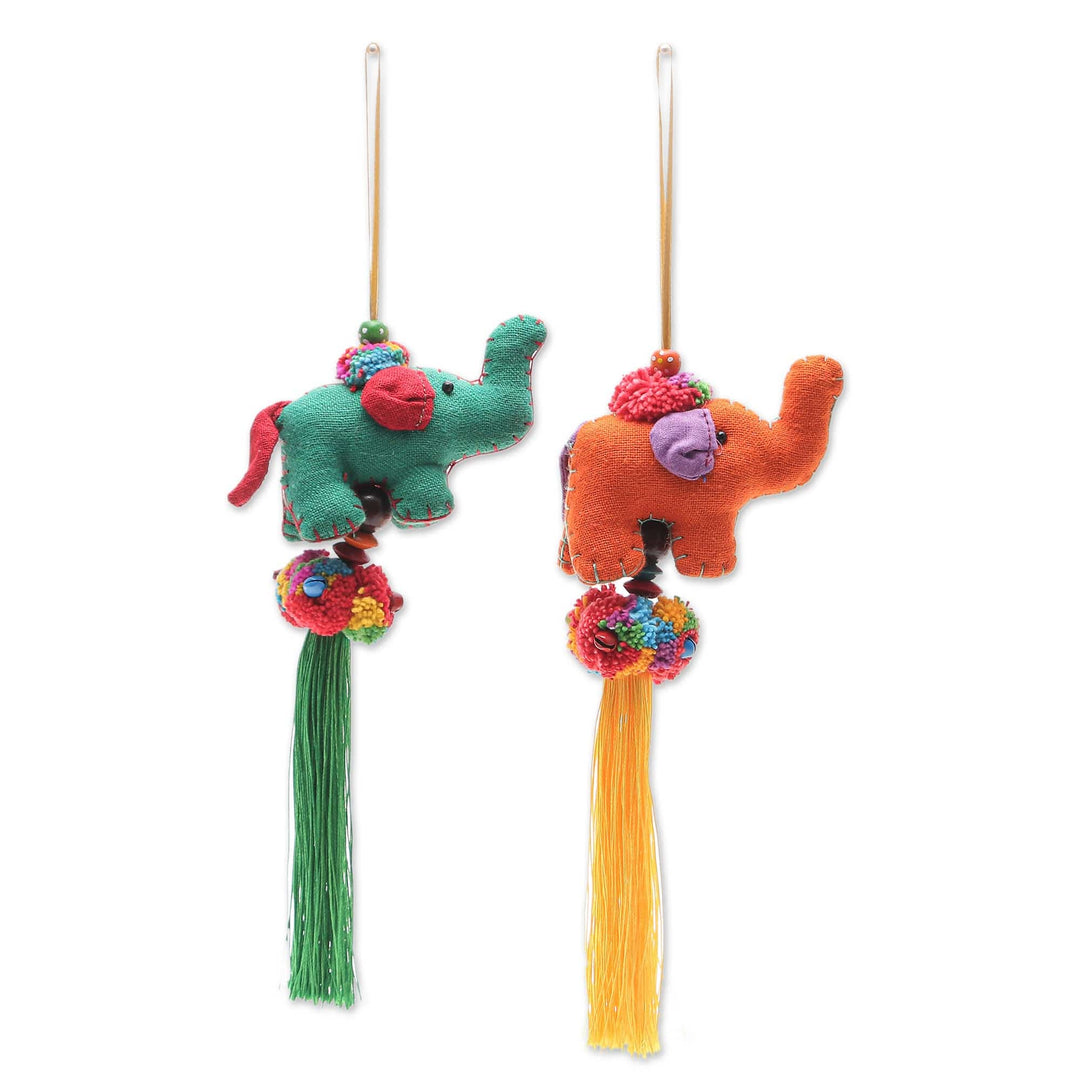 Thai Cotton-Blend Elephant Ornaments (Pair) - Festive Tusk in Green-Orange