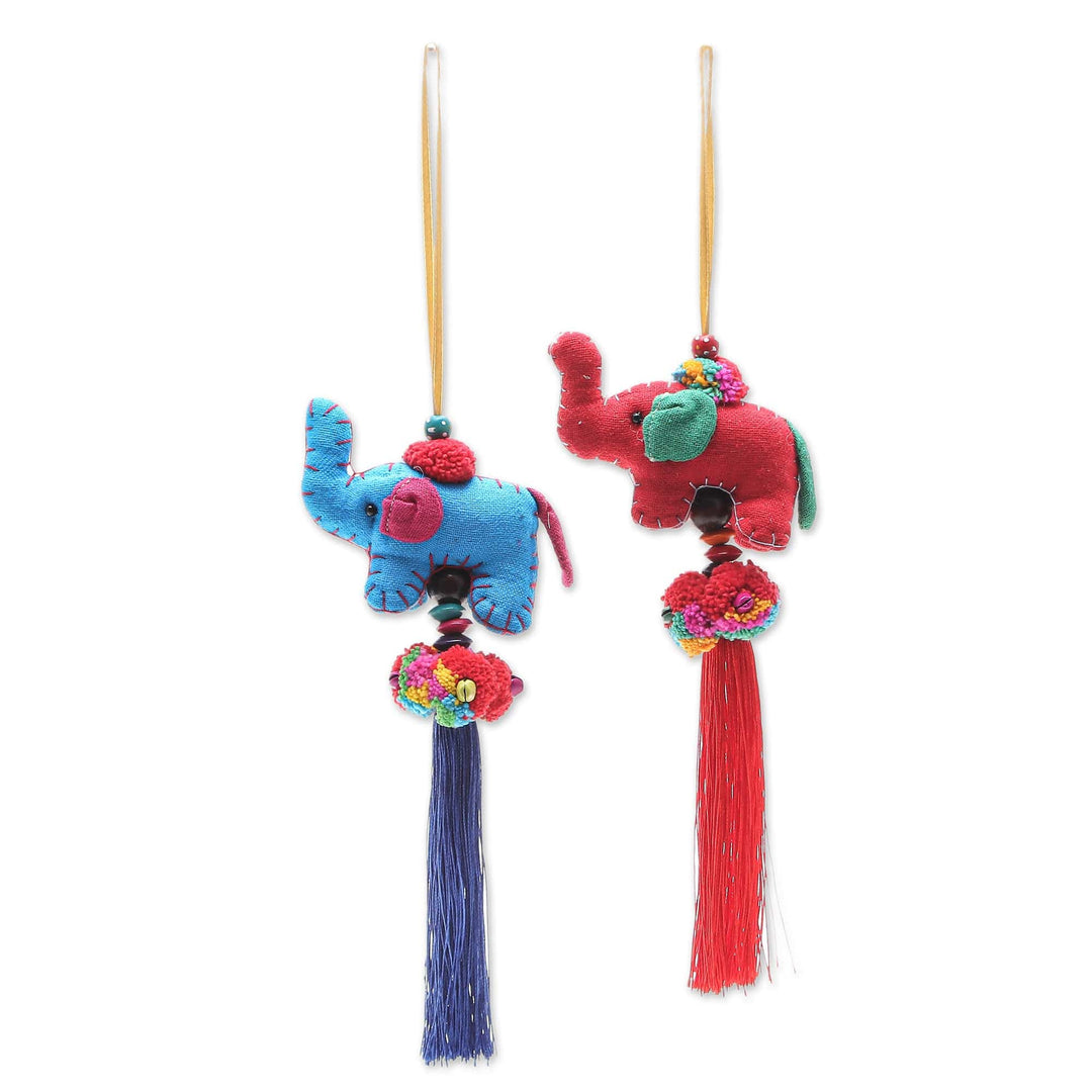 Hand Crafted Cotton-Blend Elephant Ornaments (Pair) - Festive Tusk in Red-Blue