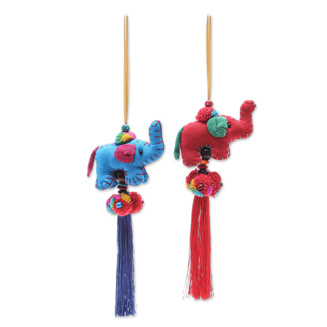 Hand Crafted Cotton-Blend Elephant Ornaments (Pair) - Festive Tusk in Red-Blue