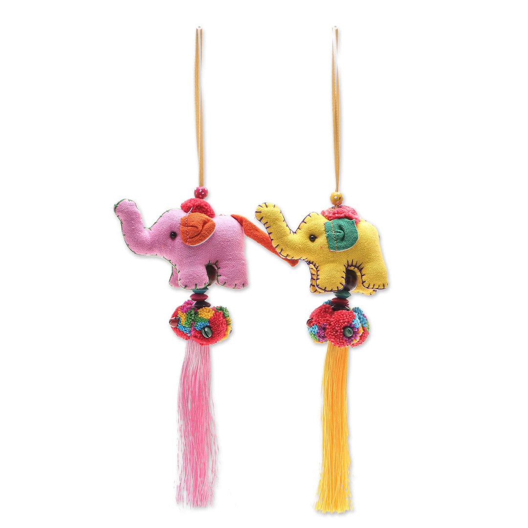 Cotton-Blend Elephant Ornaments from Thailand (Pair) - Festive Tusk in Pink-Yellow