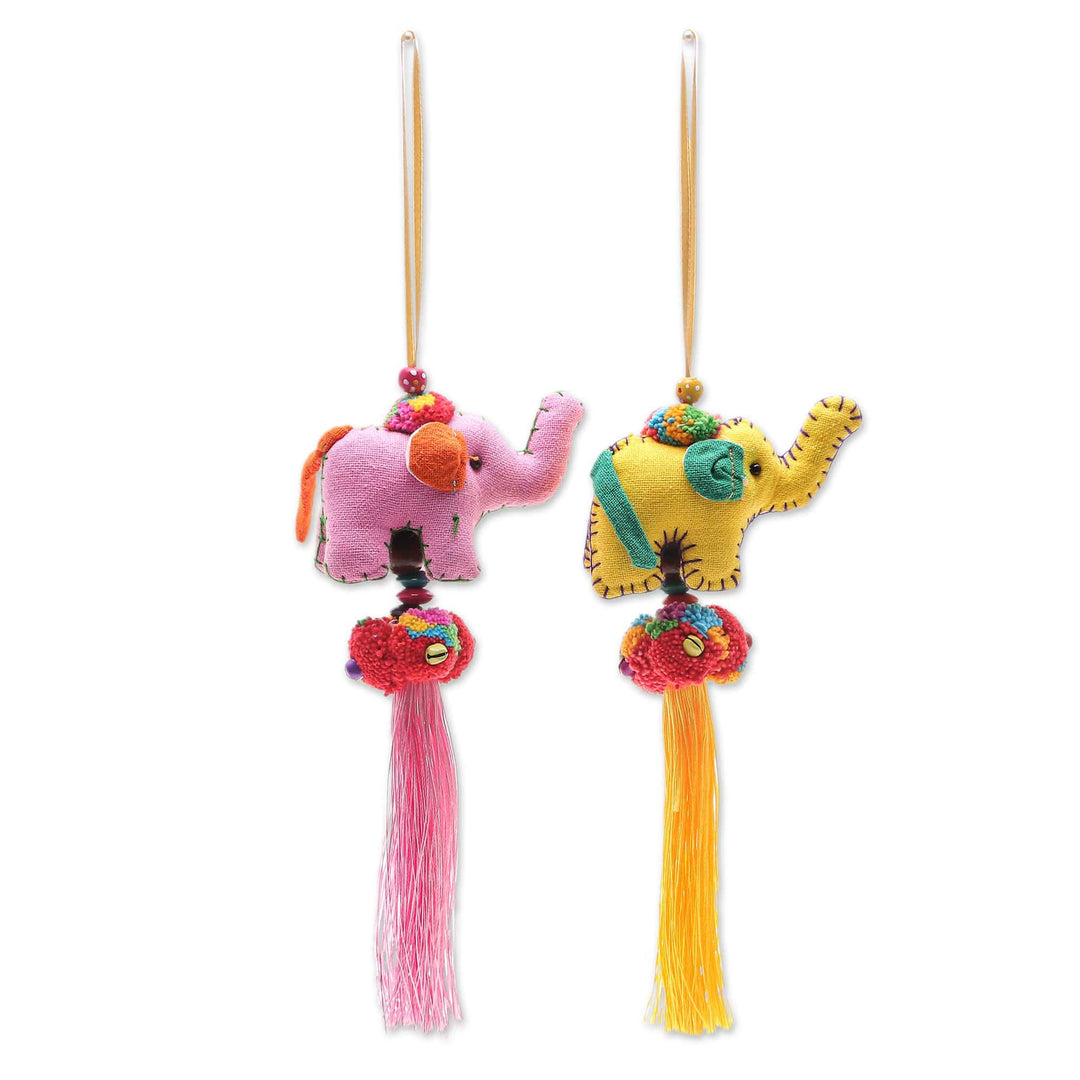 Cotton-Blend Elephant Ornaments from Thailand (Pair) - Festive Tusk in Pink-Yellow
