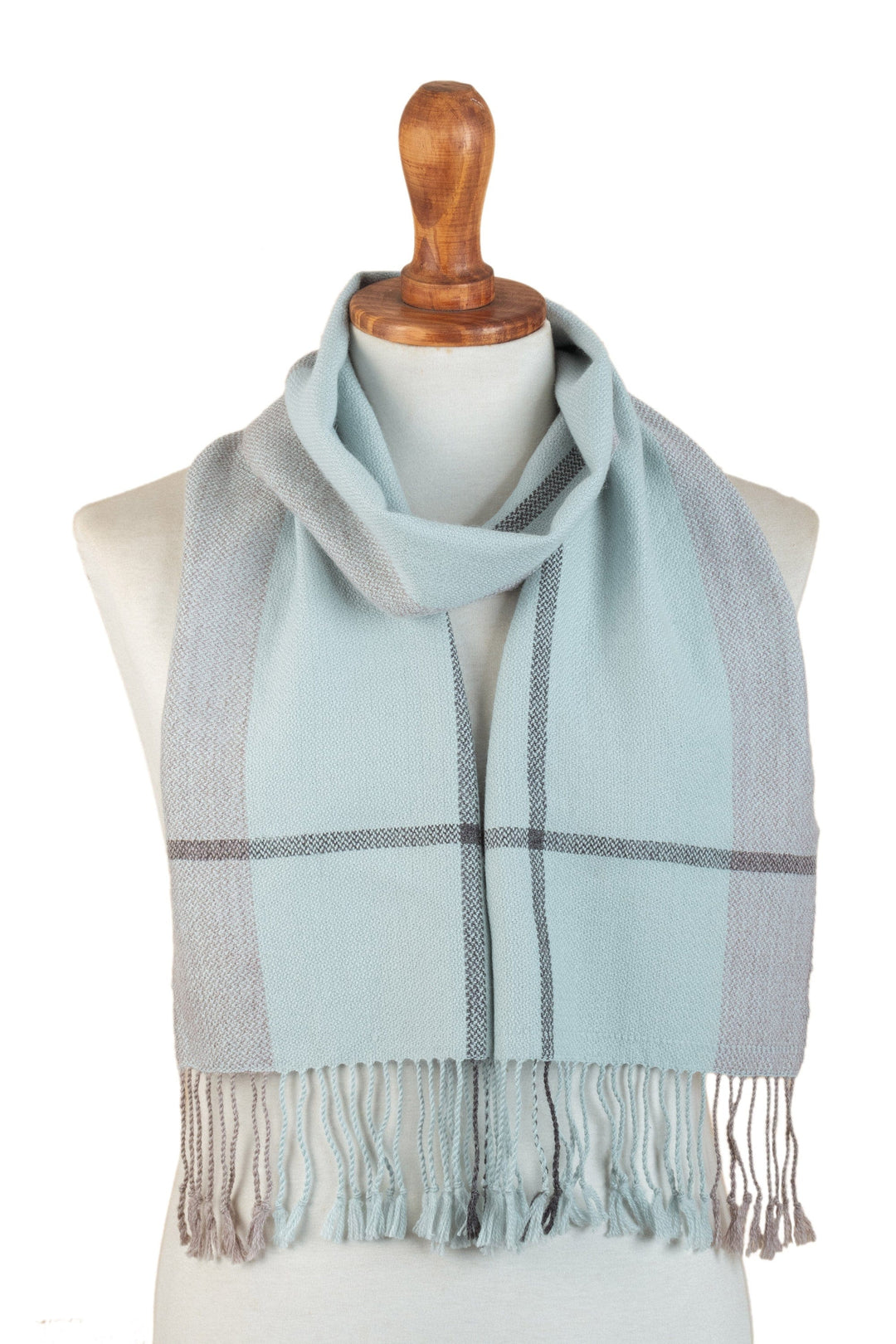 Handwoven Pastel Blue Baby Alpaca Scarf with Mauve - Early Sky