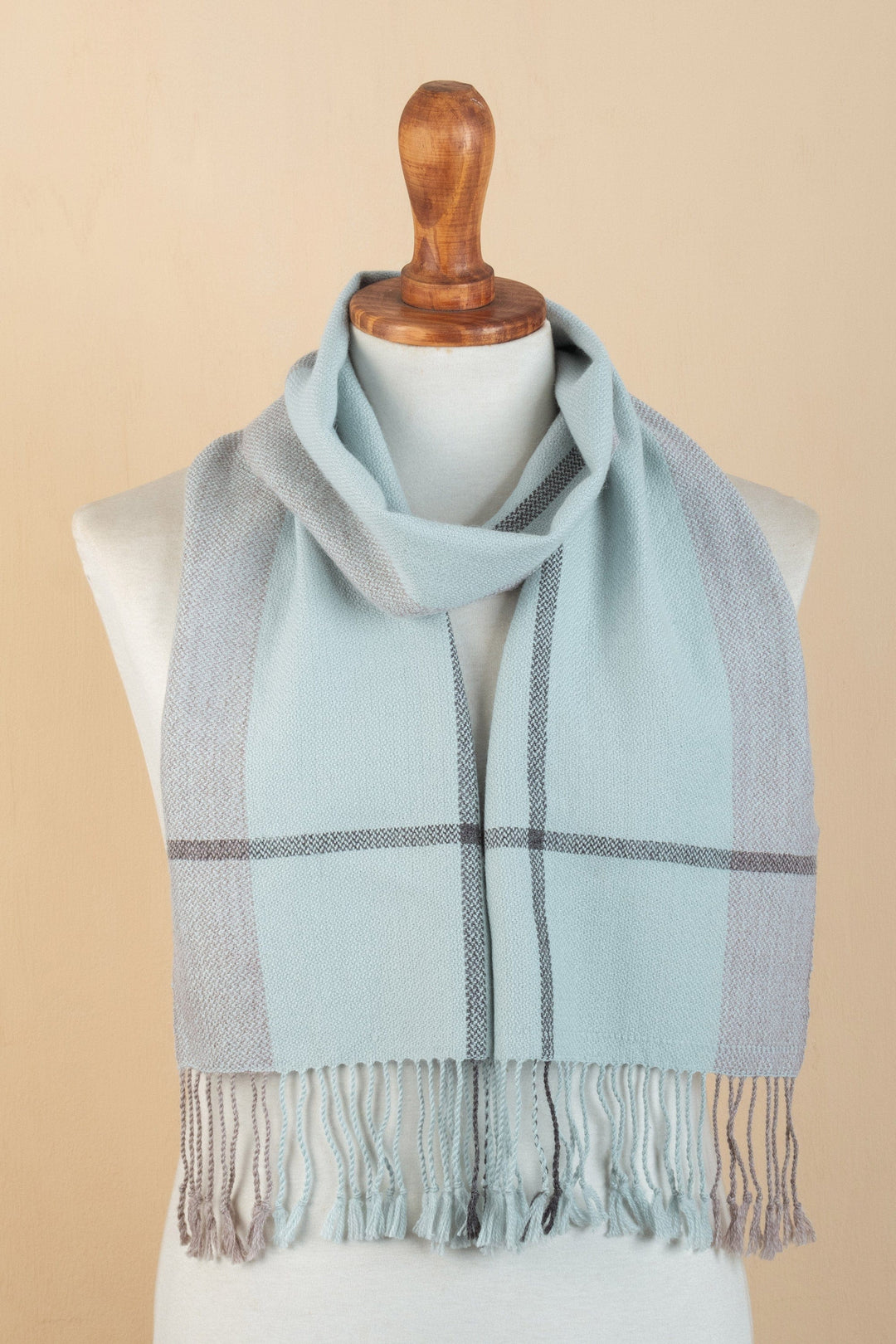 Handwoven Pastel Blue Baby Alpaca Scarf with Mauve - Early Sky