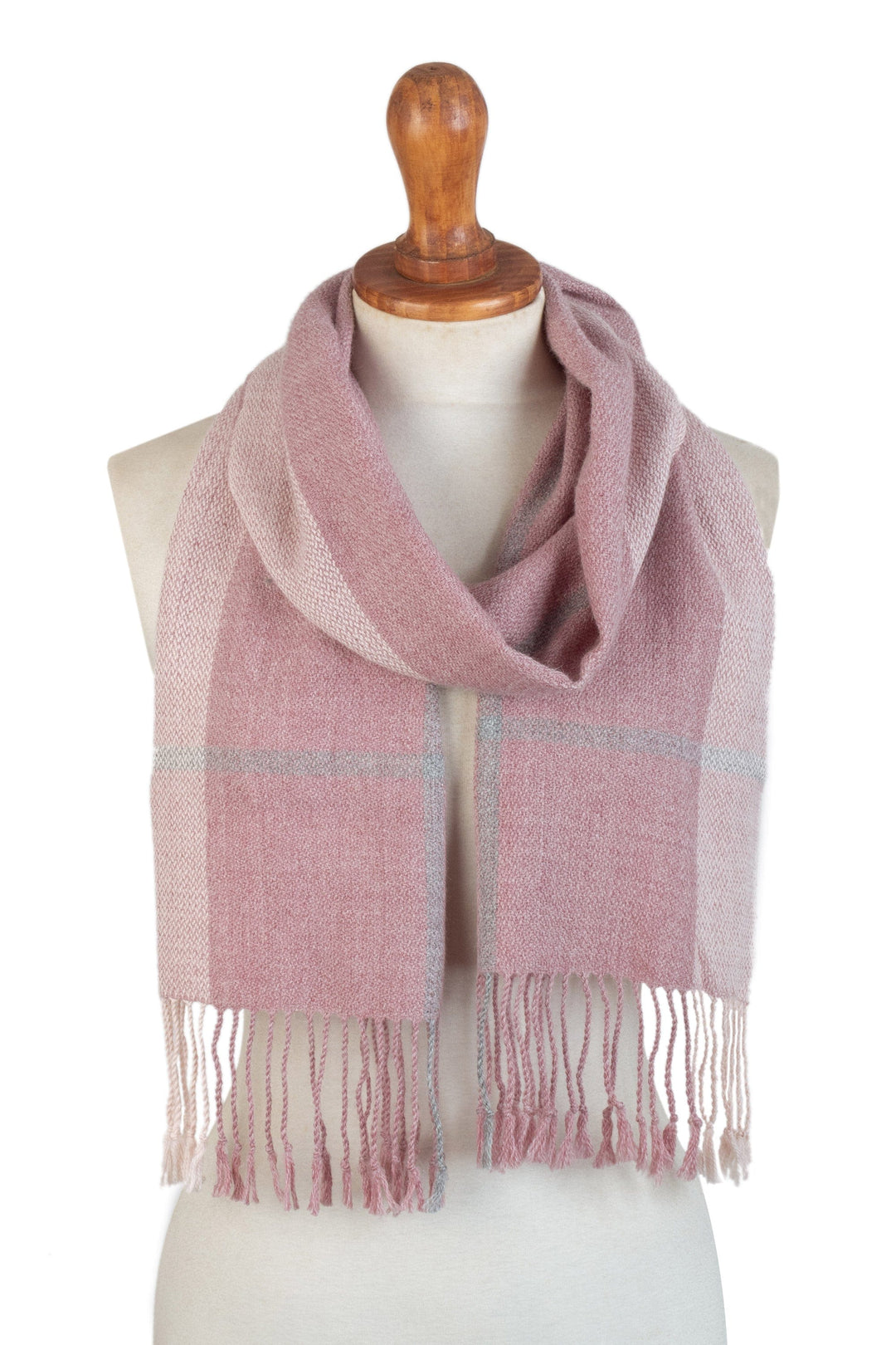 Handwoven Pastel Mauve Baby Alpaca Scarf with Grey - Early Clouds