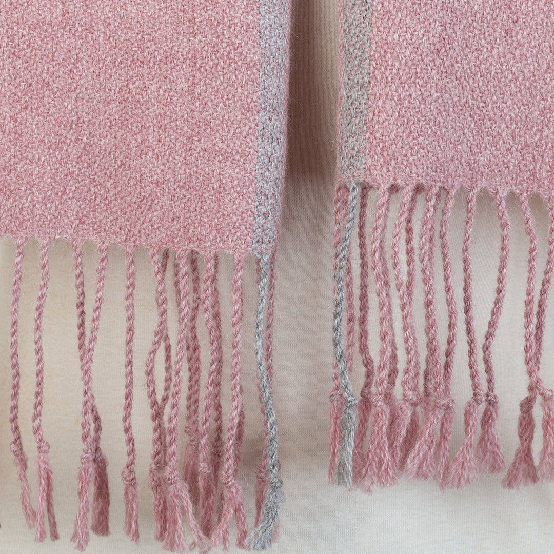 Handwoven Pastel Mauve Baby Alpaca Scarf with Grey - Early Clouds