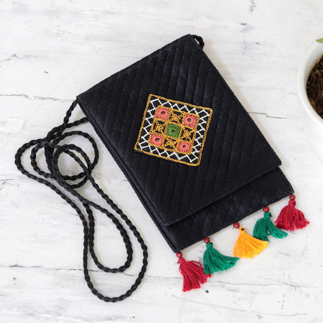 Handmade Embroidered Sling Bag with Tassels and Beads - Creative Appeal