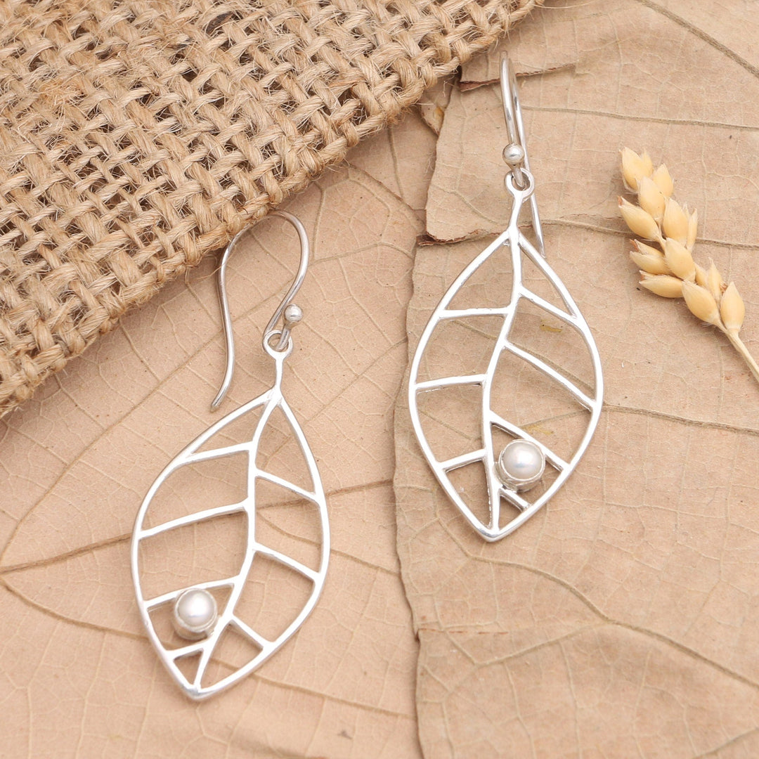 Sterling Silver Leafy Dangle Earrings with Cultured Pearls - Leafy Innocence