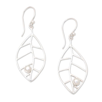 Sterling Silver Leafy Dangle Earrings with Cultured Pearls - Leafy Innocence