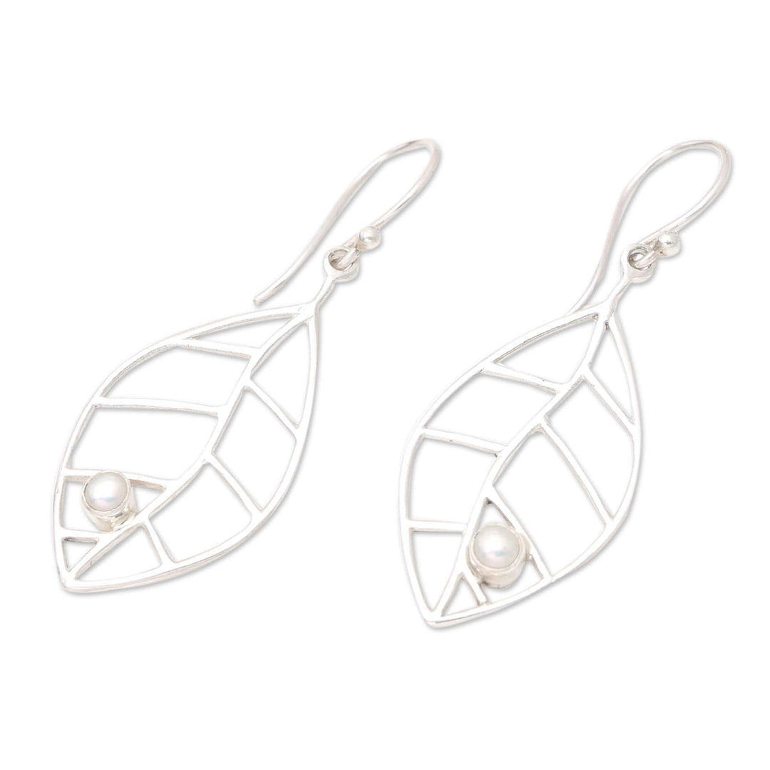 Sterling Silver Leafy Dangle Earrings with Cultured Pearls - Leafy Innocence