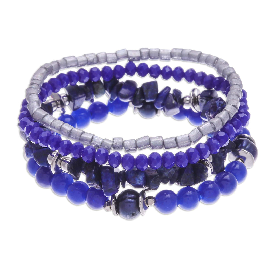 Set of 4 Blue Beaded Stretch Bracelets from Thailand - Fancy Dream in Blue