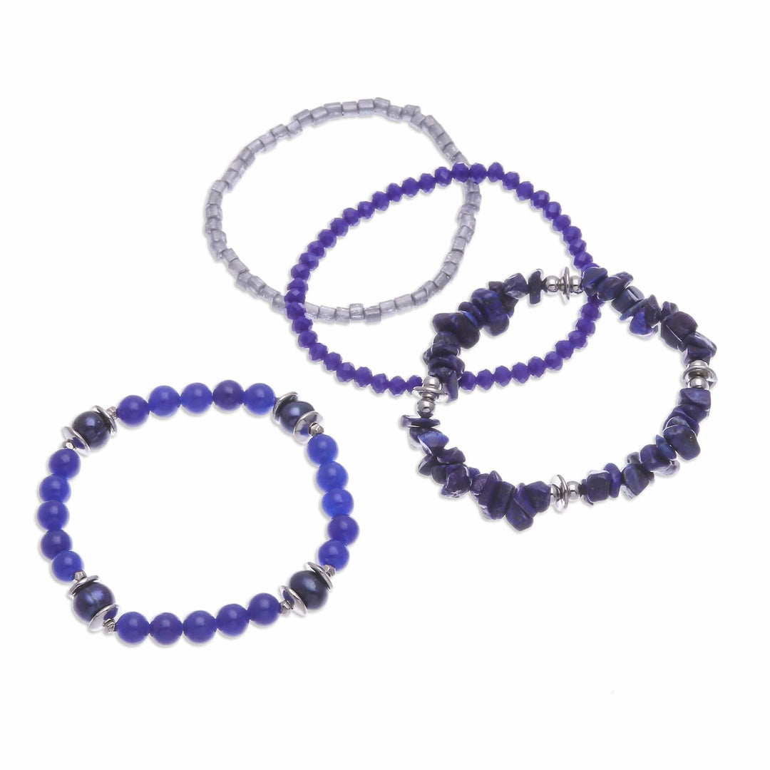 Set of 4 Blue Beaded Stretch Bracelets from Thailand - Fancy Dream in Blue
