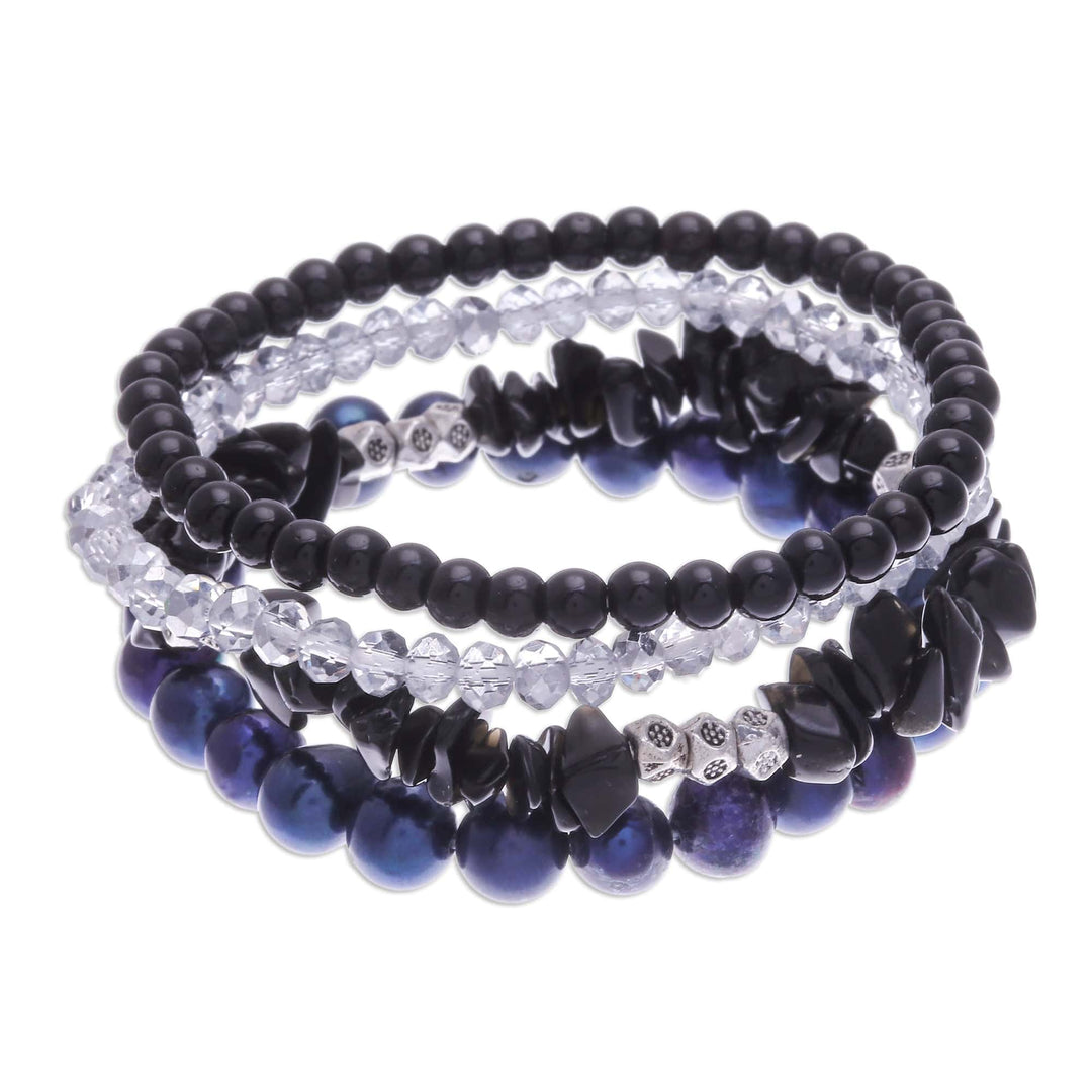 Set of 4 Black Beaded Stretch Bracelets from Thailand - Fancy Dream in Black