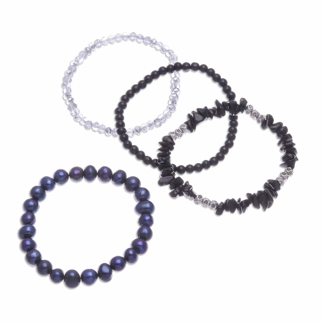 Set of 4 Black Beaded Stretch Bracelets from Thailand - Fancy Dream in Black