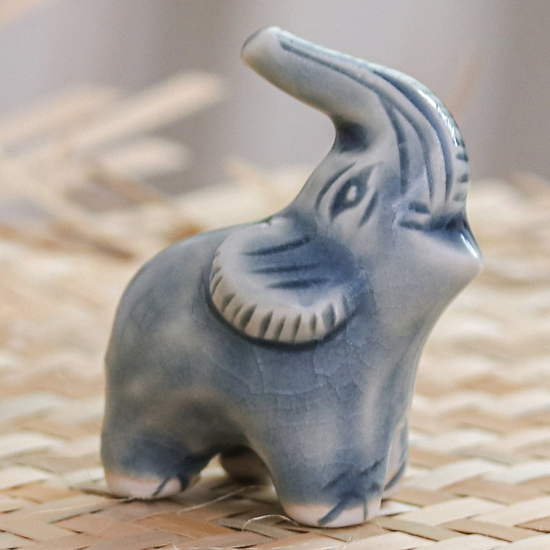 Artisan Crafted Ceramic Figurine - Happy Elephant in Blue