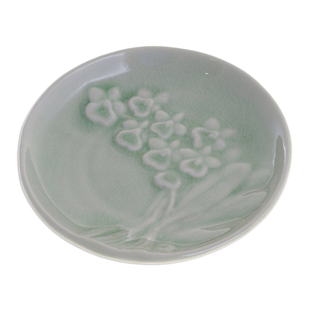 Handcrafted Celadon Dessert Plate - Orchid Bouquet