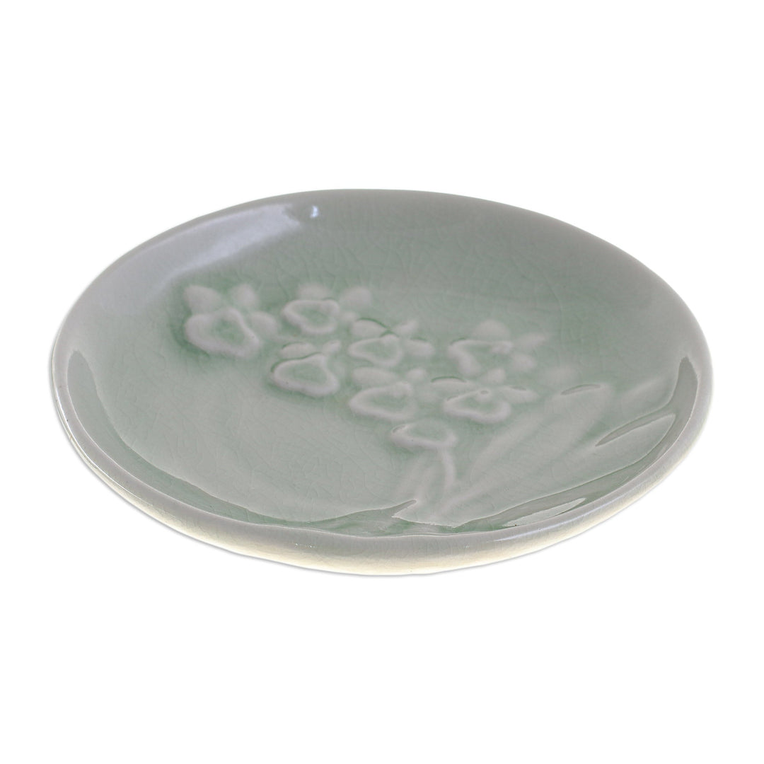 Handcrafted Celadon Dessert Plate - Orchid Bouquet