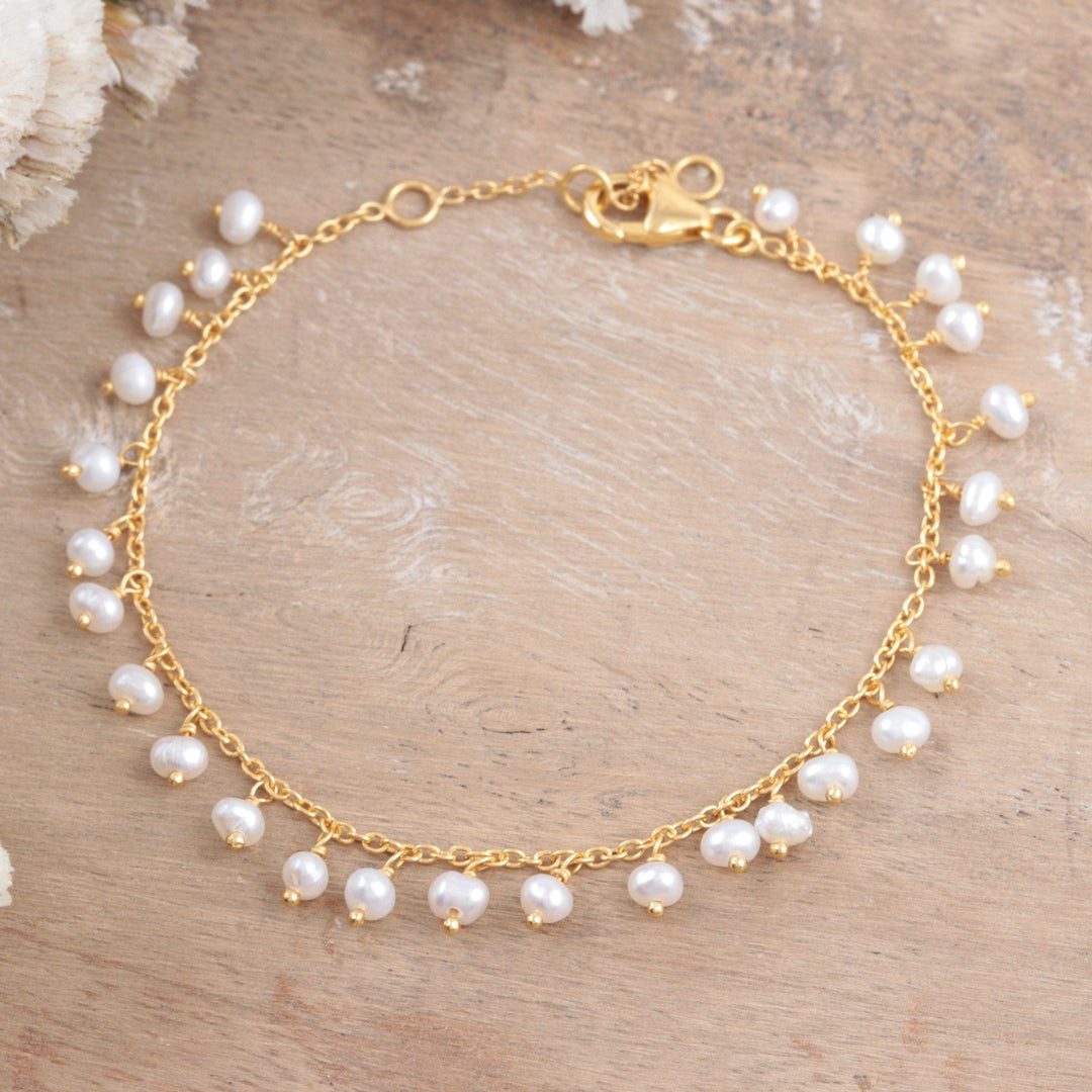 Handmade Gold-Plated Cultured Pearl Charm Bracelet - Charmed Circle