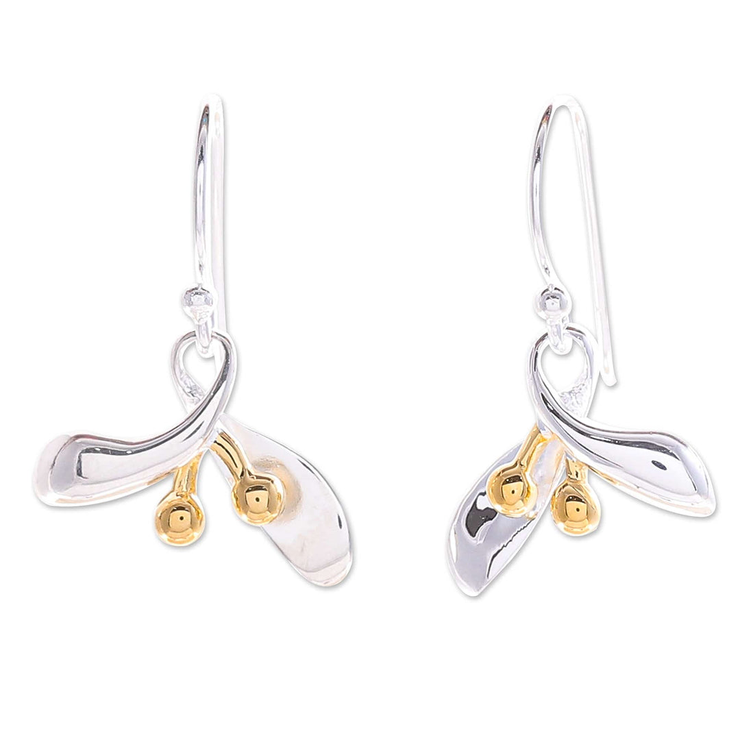 Sterling Silver Floral Dangle Earrings with 18k Gold Accents - Golden Floral Charm