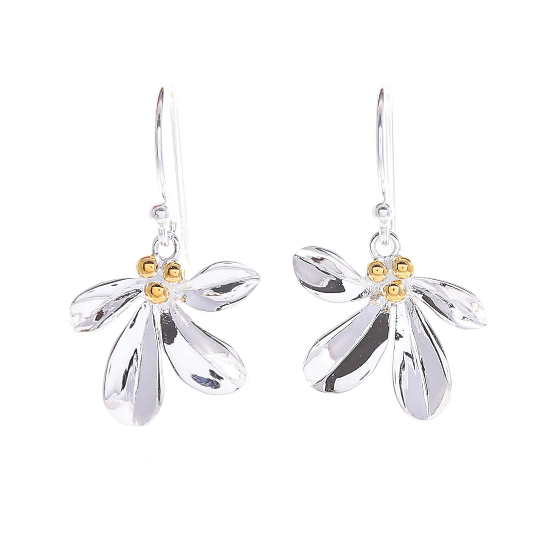Sterling Silver Leaf Dangle Earrings with 18k Gold Accents - Gold Enchanted Leaves