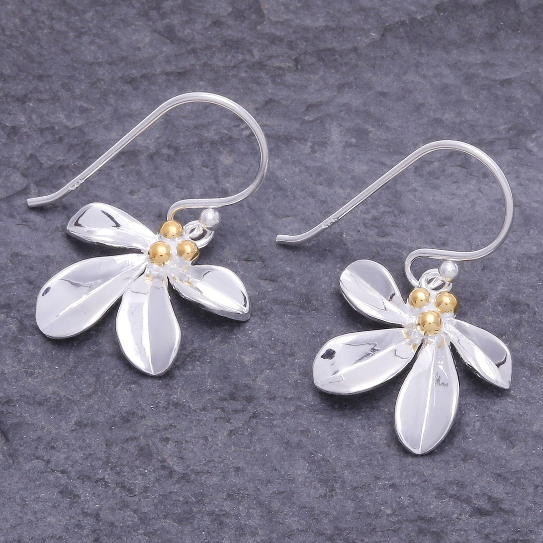 Sterling Silver Leaf Dangle Earrings with 18k Gold Accents - Gold Enchanted Leaves