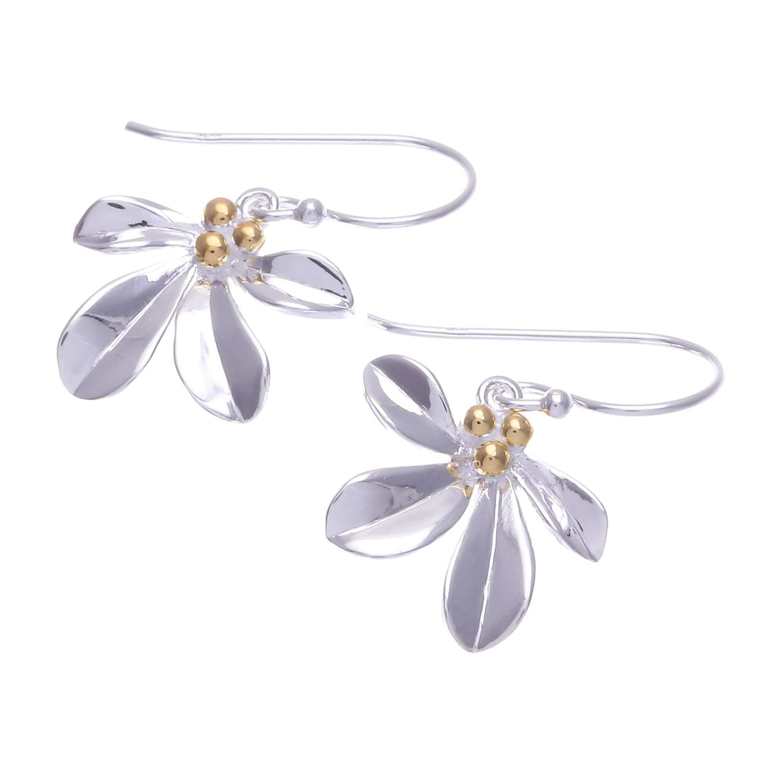 Sterling Silver Leaf Dangle Earrings with 18k Gold Accents - Gold Enchanted Leaves