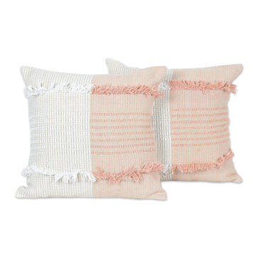 Fringed Cotton Cushion Covers from India (Pair) - Delhi Sophistication in Peach