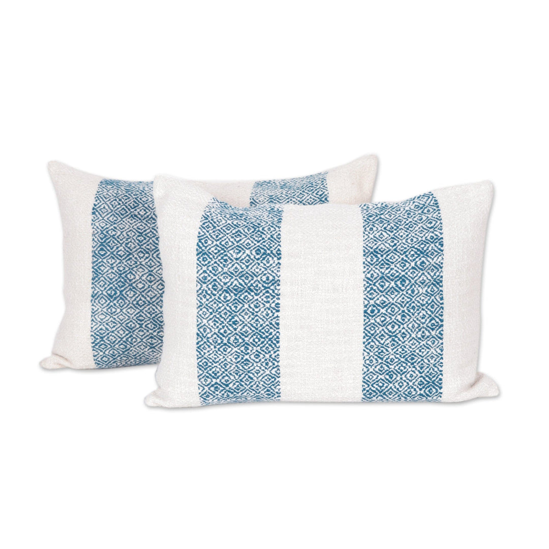All-Cotton Wocen Cushion Covers from India (Pair) - Diamond Elegance in Teal