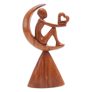 Suar Wood Figure Sculpture with Heart Motif - A Father's Hope