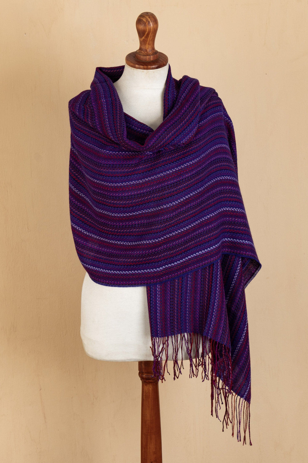 Baby Alpaca Blend Violet Fuchsia Blue Magenta Striped Shawl - Vibrant Violet