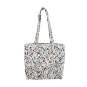 Blue Quilted Cotton Tote Bag with Block-Printed Pattern - Glorious Blue