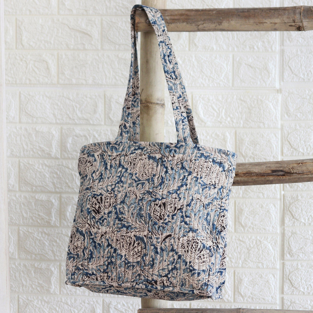 Blue Quilted Cotton Tote Bag with Block-Printed Pattern - Glorious Blue