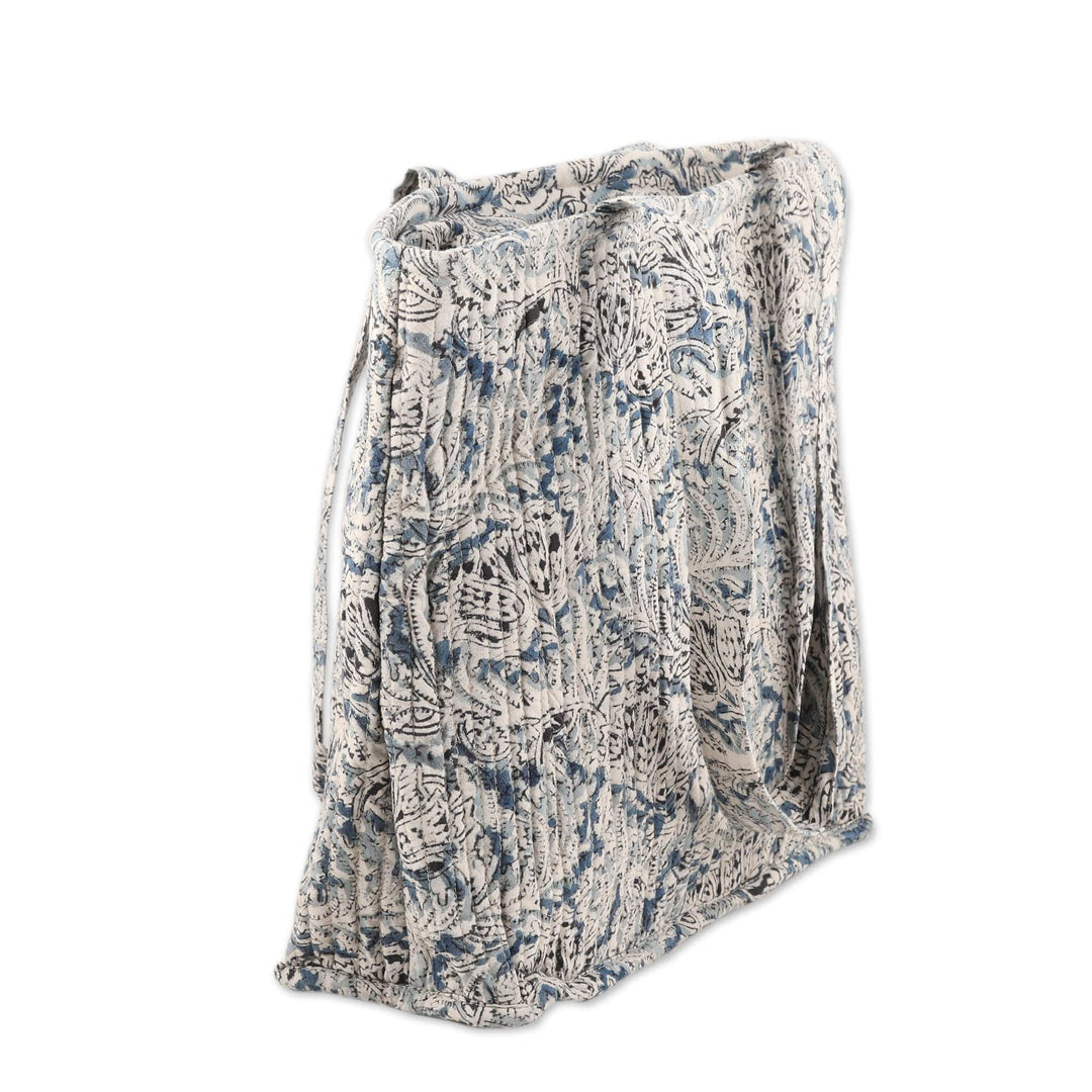Blue Quilted Cotton Tote Bag with Block-Printed Pattern - Glorious Blue