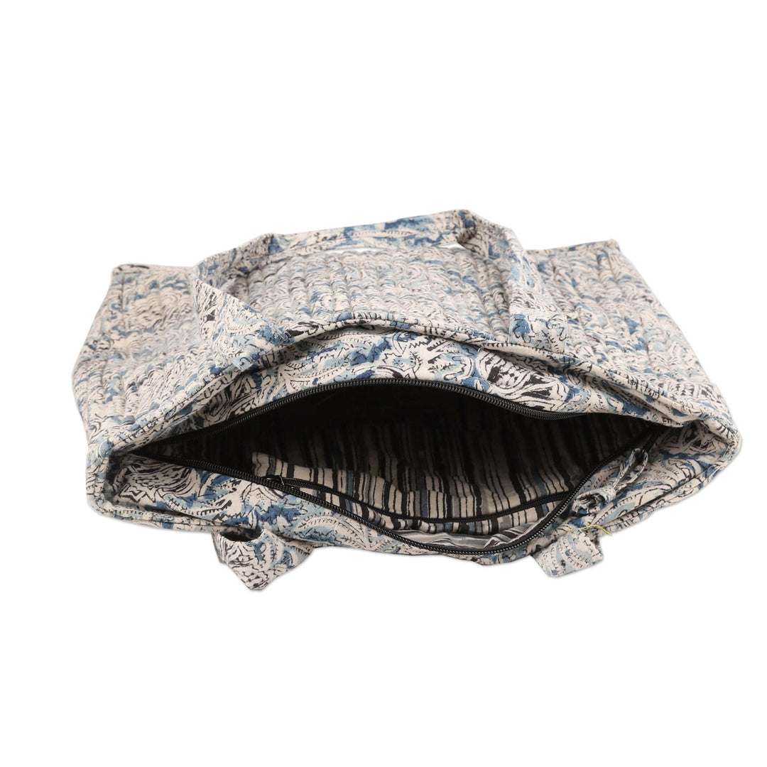 Blue Quilted Cotton Tote Bag with Block-Printed Pattern - Glorious Blue