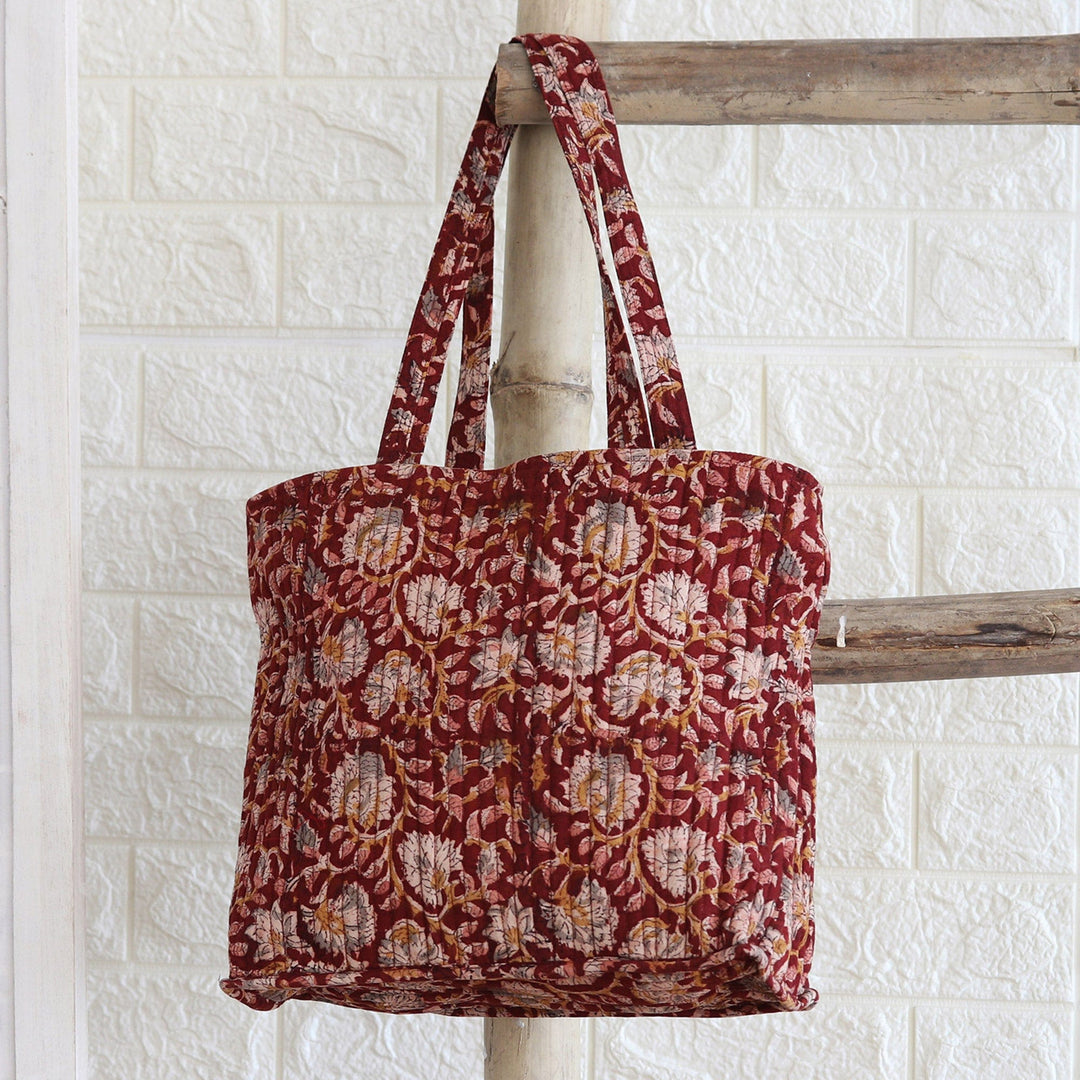 Red Quilted Cotton Tote Bag with Block-Printed Pattern - Red Elegance
