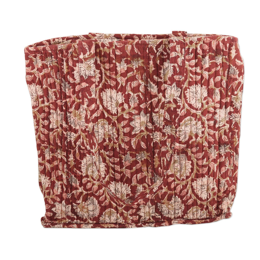 Red Quilted Cotton Tote Bag with Block-Printed Pattern - Red Elegance