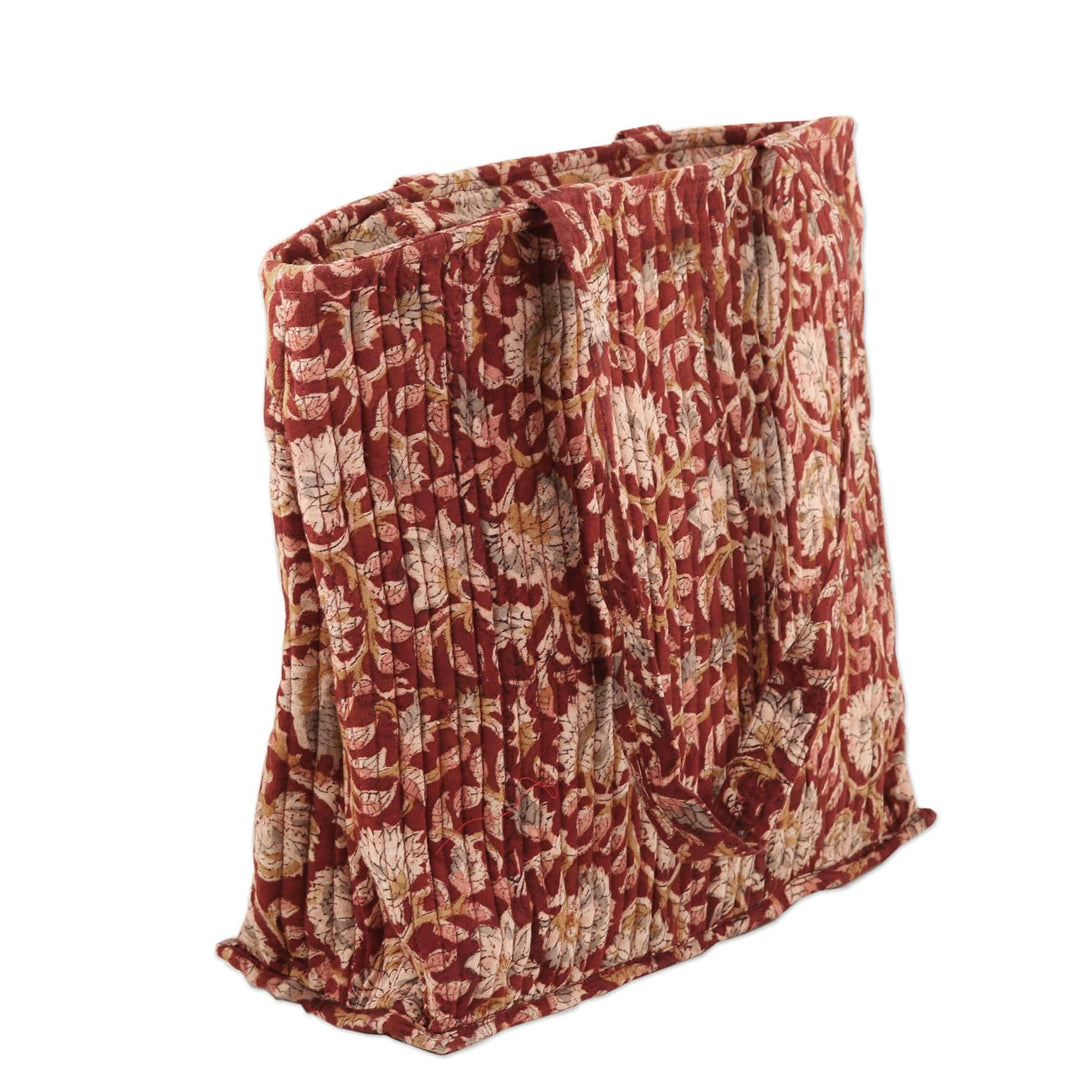 Red Quilted Cotton Tote Bag with Block-Printed Pattern - Red Elegance