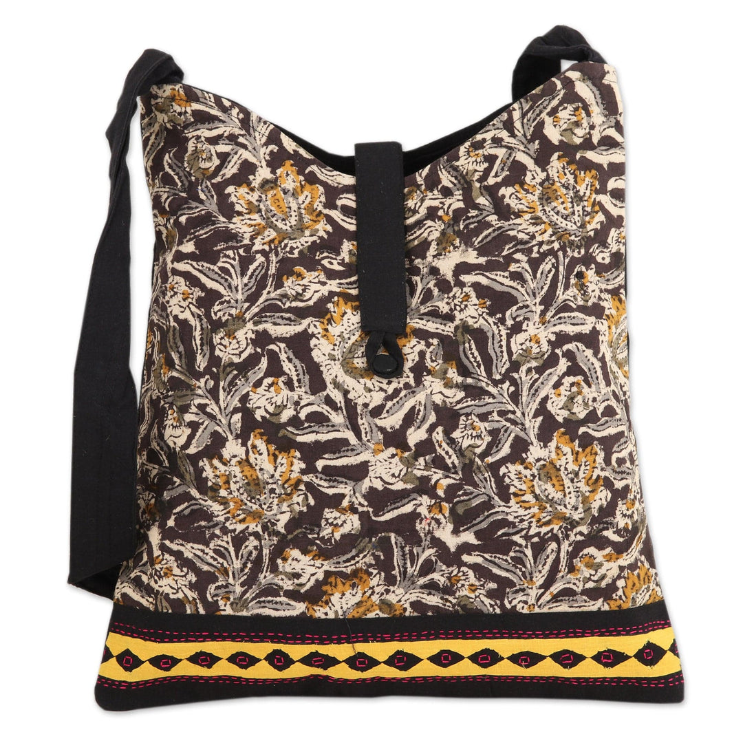 Block-Printed Cotton Shoulder Bag with Floral Motifs - Black Blossoms
