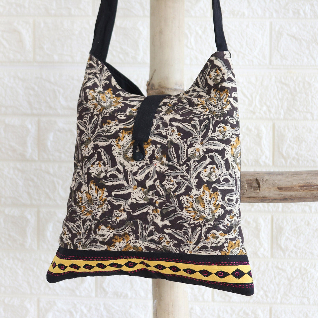 Block-Printed Cotton Shoulder Bag with Floral Motifs - Black Blossoms