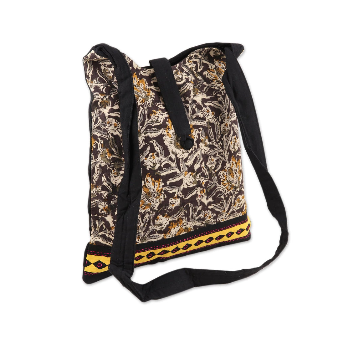 Block-Printed Cotton Shoulder Bag with Floral Motifs - Black Blossoms