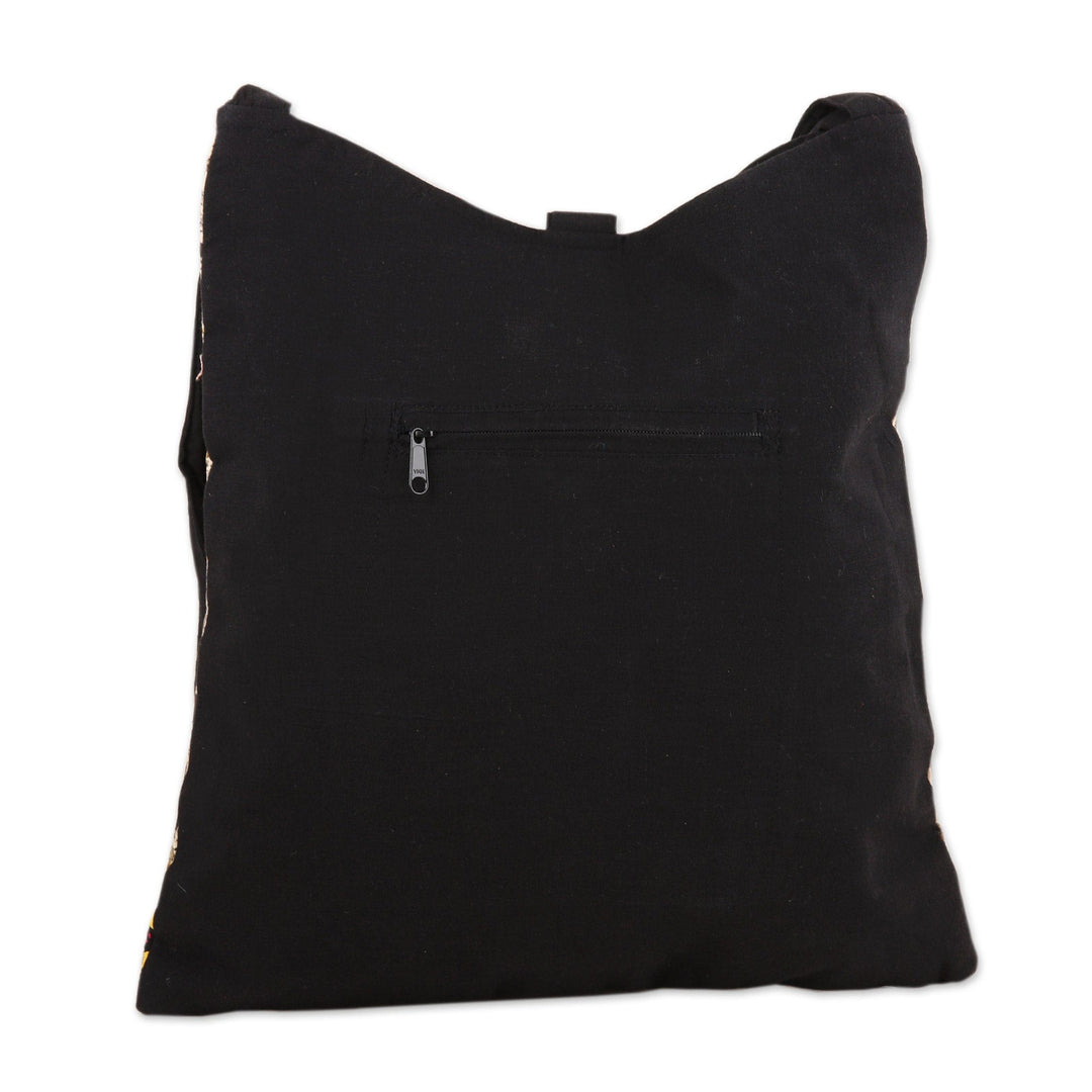 Block-Printed Cotton Shoulder Bag with Floral Motifs - Black Blossoms