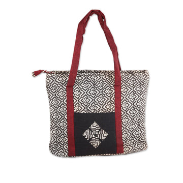 Quilted Cotton Tote Bag with Block-Printed Pattern - Diamond Labyrinth