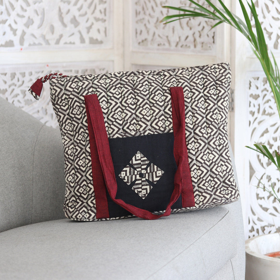 Quilted Cotton Tote Bag with Block-Printed Pattern - Diamond Labyrinth
