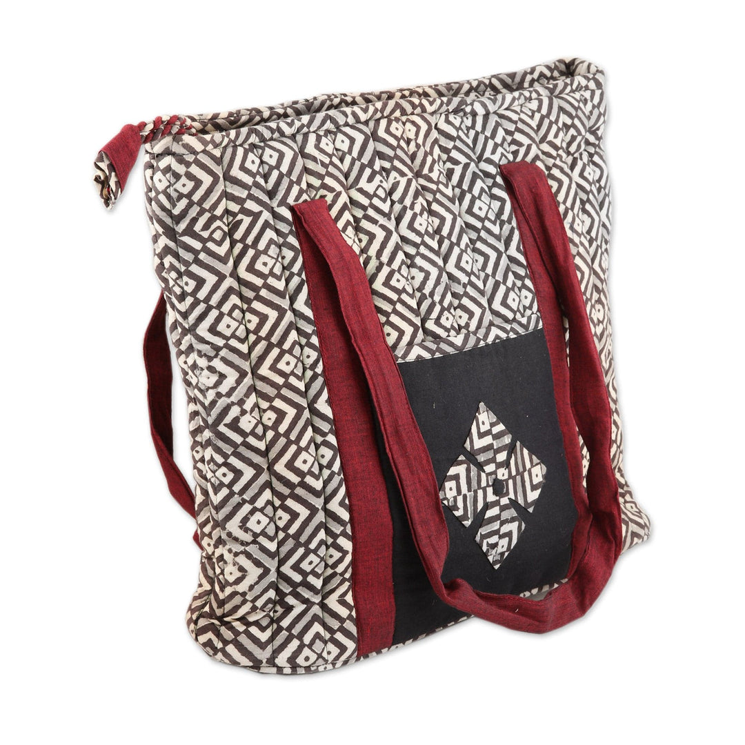 Quilted Cotton Tote Bag with Block-Printed Pattern - Diamond Labyrinth
