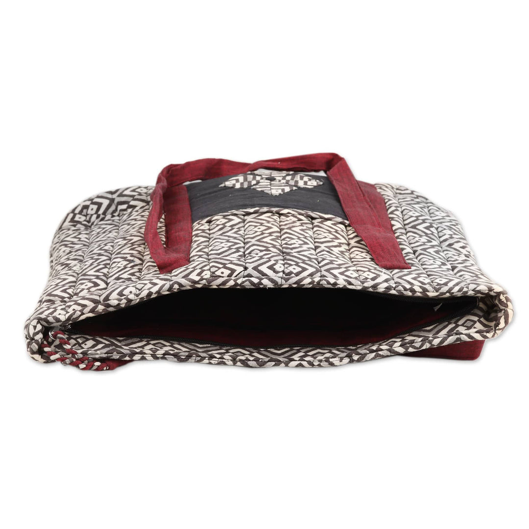Quilted Cotton Tote Bag with Block-Printed Pattern - Diamond Labyrinth