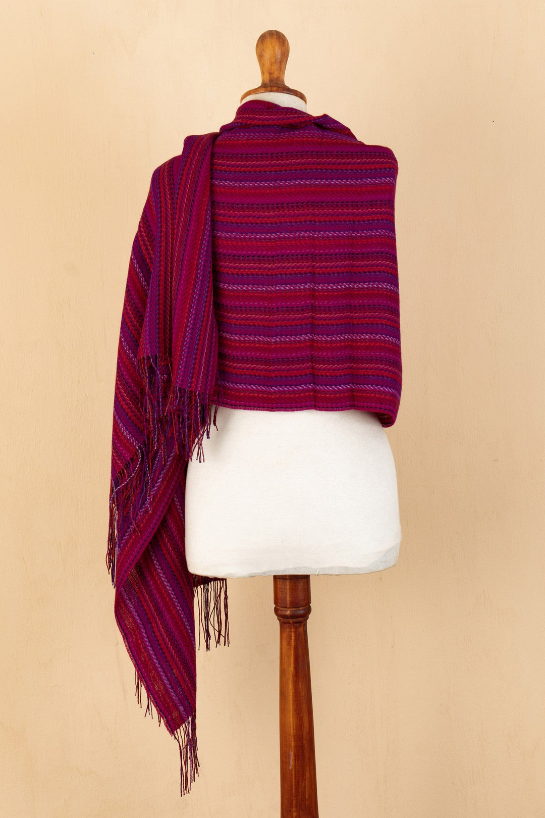 Hand Woven Baby Alpaca Blend Magenta Striped Shawl from Peru - Vibrant Magenta