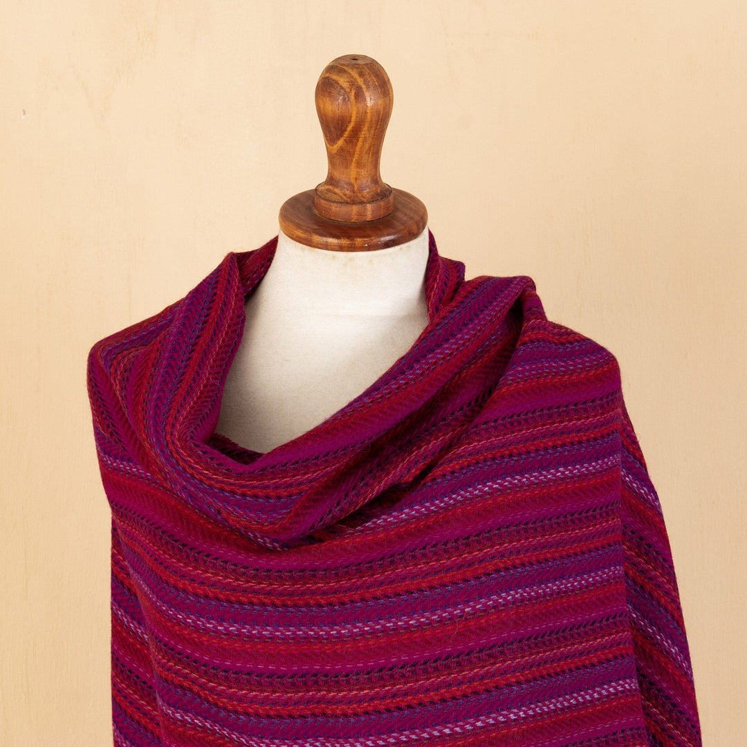 Hand Woven Baby Alpaca Blend Magenta Striped Shawl from Peru - Vibrant Magenta