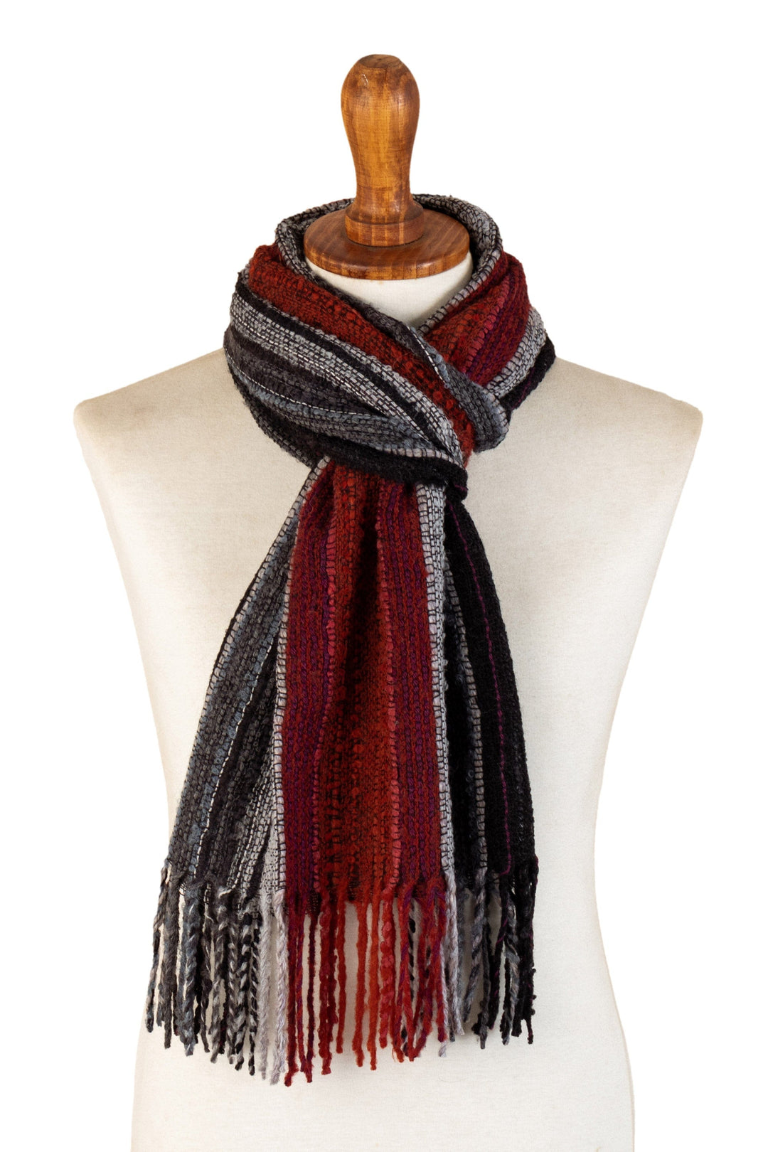 Red and Gray Baby Alpaca Blend Hand-woven Striped Scarf - Reds and Grays